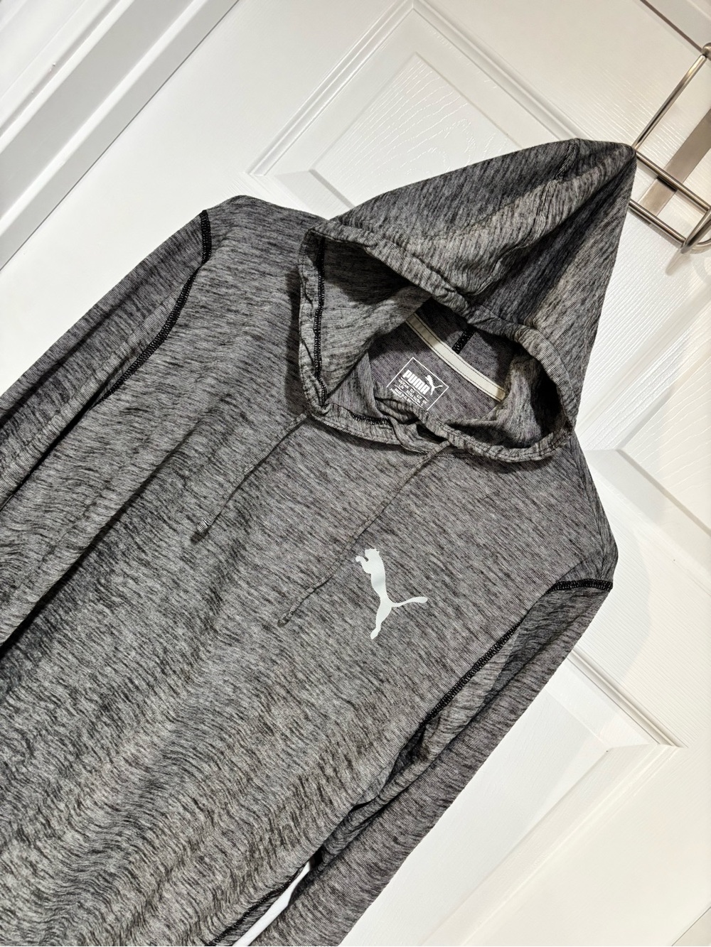 PUMA Men’s Gray Marled Hooded Long Sleeve Tee with Logo